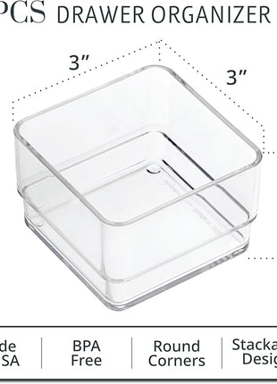 STORi SimpleSort 6-Piece Stackable Clear Drawer Organizer Set | 3" x 3" x 2" Square Trays | Small Makeup Vanity Storage Bins and Office Desk Drawer Dividers | Made in USA