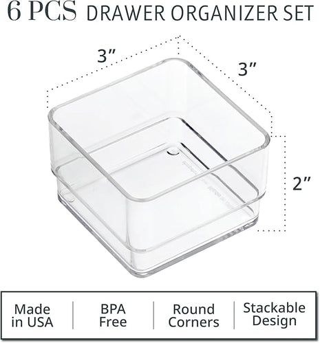 STORi SimpleSort 6-Piece Stackable Clear Drawer Organizer Set | 3" x 3" x 2" Square Trays | Small Makeup Vanity Storage Bins and Office Desk Drawer Dividers | Made in USA