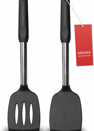 2 Pack Spatulas, Solid & Slotted Silicone Spatula Set, Stainless Steel Handle Coated with Silicone, Non Stick Turners, Heat Resistant Rubber Spatulas for Fish, Eggs, Pancakes, WOK, Black