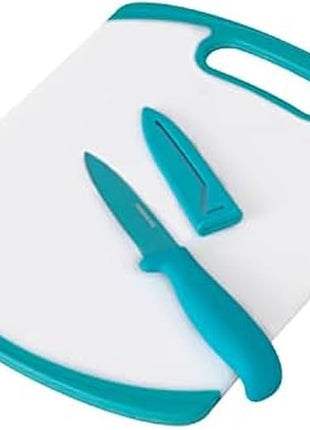 Farberware 2-Piece Paring Knife and Cutting Board Set, 3.5-Inch Paring Knife with Resin Coating and Custom-Fit Blade Cover and Non-Slip Plastic Chopping Board, Dishwasher-Safe Set, White/Blue