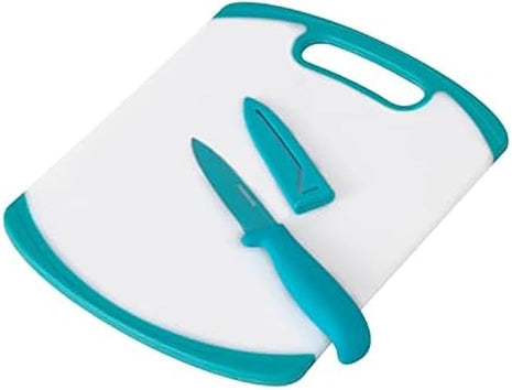 Farberware 2-Piece Paring Knife and Cutting Board Set, 3.5-Inch Paring Knife with Resin Coating and Custom-Fit Blade Cover and Non-Slip Plastic Chopping Board, Dishwasher-Safe Set, White/Blue