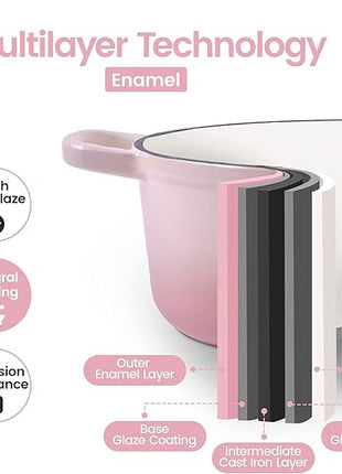 Enameled Cast Iron Covered 5.5 Quart Dutch Oven with Dual Handle, Dutch Ovens with Lid for Bread Baking, Pink