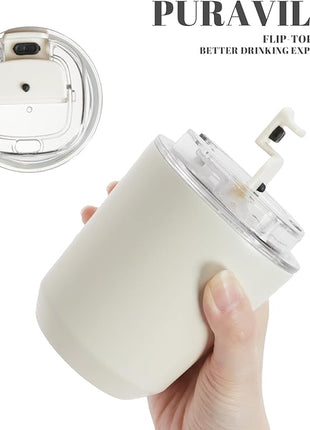 Puraville 2 Pack Insulated Tumblers with Lid, 10 oz Travel Coffee Mug Stainless Steel Vacuum Cup, Leak Proof Double Walled Coffee Tumbler for Iced and Hot Drinks, Black and Cream