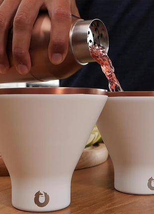 Snowfox Premium Vacuum Insulated Stainless Steel 22oz Cocktail Shaker and 4 Martini Glass Set, Home Bar Accessories, Elegant Drink Mixer, Leak Proof Lid & Built In Strainer, Gift Box, White/Gold