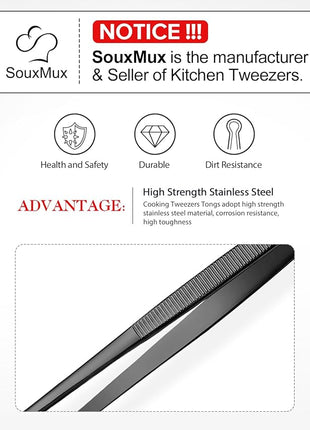 2 Pcs 10-inch Cooking Tweezers Tongs Precision Serrated Tips, Stainless Steel Professional Chef Tweezer Kitchen Tools for BBQ, Plating and Serving (Black)