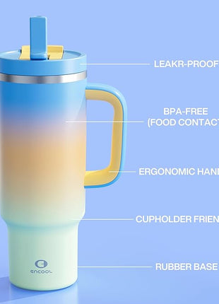 40 oz Tumbler with Handle and Straw: Stainless Steel Insulated Tumbler Keeps Cold for 24 Hours, Leakproof Travel Cup Fits in Cup Holder and BPA-Free, Sunny Breeze