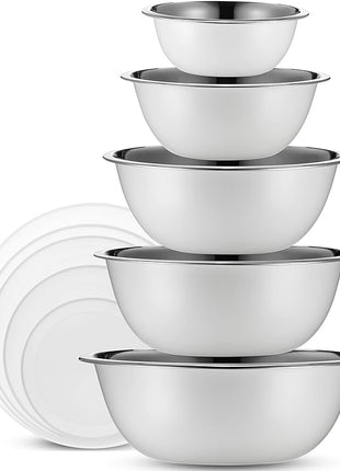 WHYSKO Stainless Steel Mixing Bowl Set, 10 Piece Stainless Steel Mixing Bowls with Lids Set for Food Prep Storage and Serving, Dishwasher Safe for Kitchen Baking Cooking, White