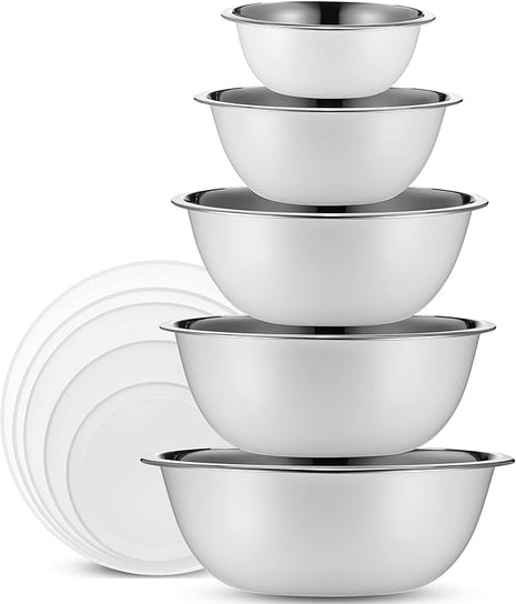 WHYSKO Stainless Steel Mixing Bowl Set, 10 Piece Stainless Steel Mixing Bowls with Lids Set for Food Prep Storage and Serving, Dishwasher Safe for Kitchen Baking Cooking, White
