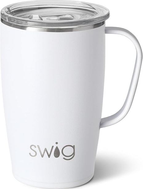 Swig 18oz Stainless Steel Travel Mug, Insulated Tumbler with Handle and Lid, Dishwasher Safe (Shimmer Diamond White)