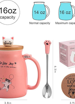 Bgbg Novelty Cat Mug Cute Ceramic Coffee Cup with Kawaii Wooden Kitty Lid, Lovely Claw Spoon, Anime Wooden Coaster, Pink Birthday Mug Gift for Cat Lovers Girl Kids Women 480ML (Pink)