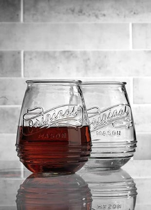 Glaver's Stemless Wine Glasses 21 Oz. Set Of 4 Original Mason Vintage Goblet Beverage Glasses Uses For Your Cocktail Lounge, Whiskey Parties, and Everyday Dinner Table. Dishwasher Safe. (Large)