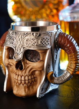 Stainless Steel Double Handle Horn Skull Beer Cup, Viking Warrior Skull Mug Tankard, Medieval Drinkware Mug for Coffee/Beverage/Juice 17oz.