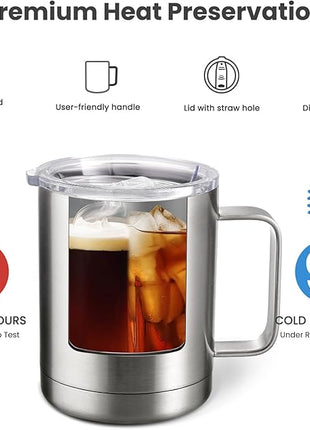 MEWAY 12oz Coffee Mug With Handle 4 Pack Bulk,Stainless Steel Insulated Travel Tumblers With Sliding Lid,Double Wall Vacuum Camping Cup for Hot & Cold Drinks Tea (Sliver,Set of 4)