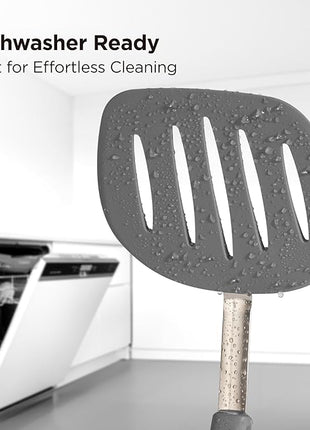 Kitchen Mama WaltzGrip Platinum Silicone Pancake Spatula Turner: Heat Resistant Flexible, Stainless Steel Core, Nonstick, Dishwasher Safe, Flipper – Ideal Kitchen Cookware Egg, Fish, Meat (Metal Gray)