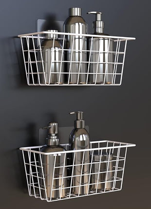 MaraFansie Wall Wire Baskets Bin No Drilling Adhesive Hanging Baskets Wall Mounted for Cabinet & Pantry Organization and Kitchen, Bathroom, Bedroom Storage, 2 Pack, White