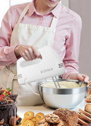 5-Speed Electric Hand Mixer, 4 Large Mixing Bowls Set, Handheld Mixers with Whisks Beater, Stainless Steel Metal Nesting Bowl Measuring Cups Spoons Kitchen Cake Blender for Baking Supplies