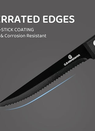 G.a HOMEFAVOR Steak Knife Set: 8-Piece Stainless Steel Sharp Serrated Knives Set with PP Handle for Kitchen, Full Black