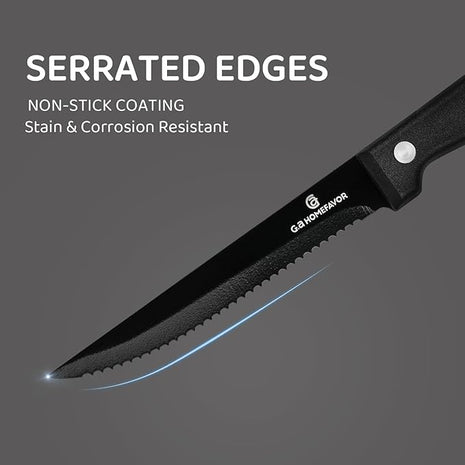 G.a HOMEFAVOR Steak Knife Set: 8-Piece Stainless Steel Sharp Serrated Knives Set with PP Handle for Kitchen, Full Black