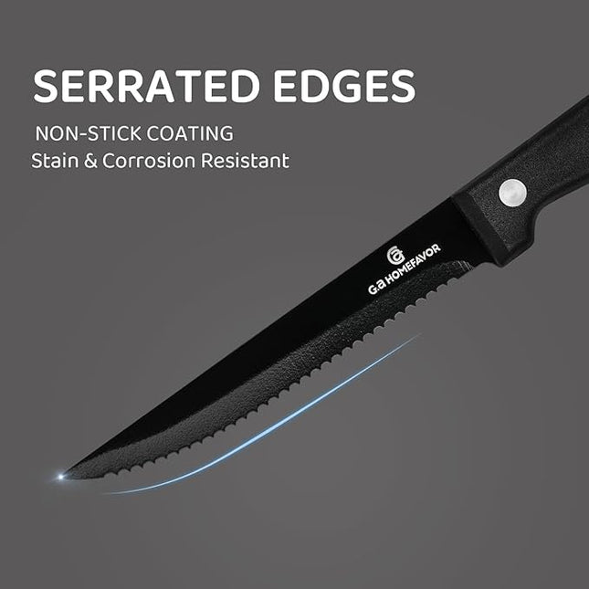 G.a HOMEFAVOR Steak Knife Set: 8-Piece Stainless Steel Sharp Serrated Knives Set with PP Handle for Kitchen, Full Black