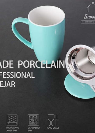 Sweejar Porcelain Tea Infuser Mug with Lid, 16 oz Teacup with Strainers for Loose Leaf Tea, Microwave and Dishwasher Safe Coffee Mug(Turquoise)