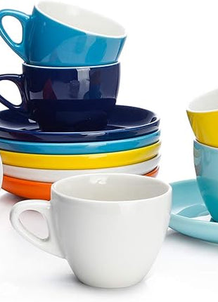 Sweese Espresso Cups with Saucers, 4 Ounce Demitasse Cups, Perfect for Single or Double Espresso, Cappuccino, Latte and Tea - Set of 6, Multicolor, Hot Assorted Colors