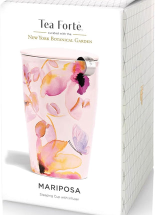 Tea Forte Double-Walled Ceramic Kati Cup, Removable Stainless Steel Infuser Basket and Lid, Steeps 12 oz Loose Leaf Tea, Dishwasher & Microwave Safe, Mariposa