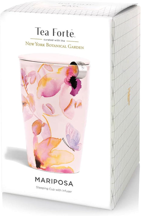 Tea Forte Double-Walled Ceramic Kati Cup, Removable Stainless Steel Infuser Basket and Lid, Steeps 12 oz Loose Leaf Tea, Dishwasher & Microwave Safe, Mariposa