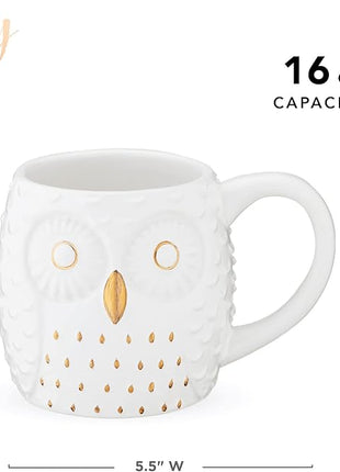 Pinky Up Olivia Owl Mug, Cute Mugs for Women, Tea Tumbler Cup, Tea Accessory Gifts, Owl Design, White and Gold, 16oz
