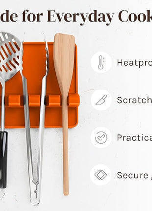 Orange Silicone Spoon Rest for Stove Top with Drip Pad (Two Pack) - Heat Resistant BPA Free Utensil Rest & Spoon Holder for Kitchen Counter - Grill Utensil Holder - Spatula Holder, Tongs, Ladle