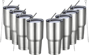 MEWAY 30oz Insulated Tumbler With Lids and Straws,Stainless Steel Double Vacuum Coffee Tumbler Cup, Brush, Durable Powder Coated Coffee Cup for Cold & Hot Drinks, Office, Travel(Silver,8 PACK)