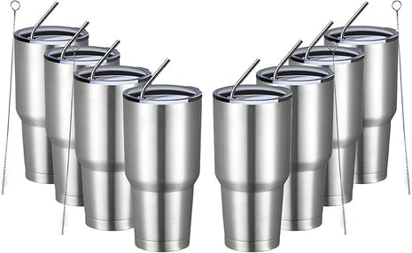 MEWAY 30oz Insulated Tumbler With Lids and Straws,Stainless Steel Double Vacuum Coffee Tumbler Cup, Brush, Durable Powder Coated Coffee Cup for Cold & Hot Drinks, Office, Travel(Silver,8 PACK)