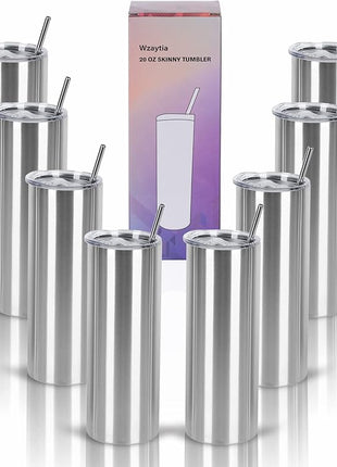 8 Pack 20 Oz Straight Skinny Tumblers, Individually Gift Boxed Stainless Steel Slim Skinny Tumbler Set Bulk, 20 Oz Insulated Slim Thin Travel Tumbler Cup for Diy, Silver