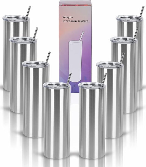 8 Pack 20 Oz Straight Skinny Tumblers, Individually Gift Boxed Stainless Steel Slim Skinny Tumbler Set Bulk, 20 Oz Insulated Slim Thin Travel Tumbler Cup for Diy, Silver