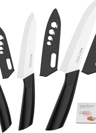 WACOOL Ceramic Knife Set with Sheaths, include 3-Piece: 6-inch Chef's Knife, 5-inch Utility Knife, 4-inch Fruit Paring Knife (Black Handle)