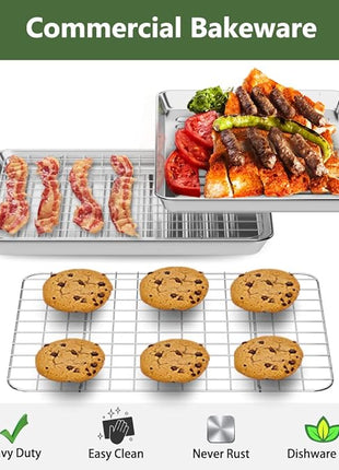 ROTTAY Small Baking Sheet Pan with Wire Rack Set [2 Pans + 2 Racks], 1/8 Stainless Steel Cookie Sheets for Oven, Warp Resistant & Heavy Duty & Rust Free, Size 9 x 7 x 1 Inches