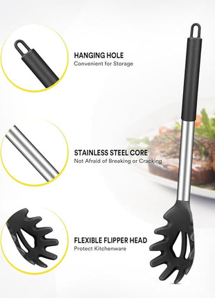 Silicone Pasta Fork and Soup Ladle Set, Non-Stick BPA Free Heat-Resistant Handy Kitchen Utensils for Cooking, Serving, Draining, Stirring (Black)