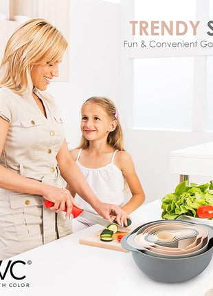 COOK WITH COLOR Nesting Bowls with Measuring Cups Colander and Sifter Set - Includes Mixing Bowls, Colander, Sifter and Measuring Cups, Pink, 8 Pc Bowl