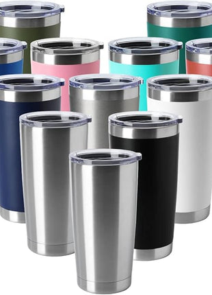 HASLE OUTFITTERS 20oz Tumblers Stainless Steel Mugs with Lid Double Wall Vacuum Insulated Coffee Cups for Cold & Hot Drinks (20oz-Mix, 12 Pack)