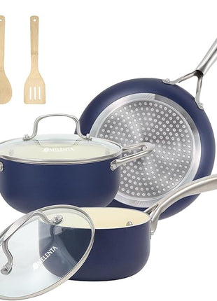 Pots and Pans Set, 7 Piece Nonstick Ceramic Cookware Set, Kitchen Induction Cookware Sets, Pots and Pans Non Stick with Oven Safe Handle, 100% PFOA Free, Blue