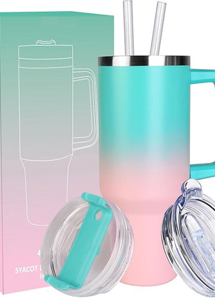 SYACOT 40 oz Tumbler with Handle and Straw Stainless Steel Insulated Tumbler Leak Proof Lid and Straw Lid Reusable Travel Mug Coffee Mug Cup Dishwasher Safe Keep Drinks Cold and Hot (Bubble Gum)