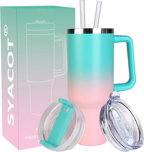 SYACOT 40 oz Tumbler with Handle and Straw Stainless Steel Insulated Tumbler Leak Proof Lid and Straw Lid Reusable Travel Mug Coffee Mug Cup Dishwasher Safe Keep Drinks Cold and Hot (Bubble Gum)