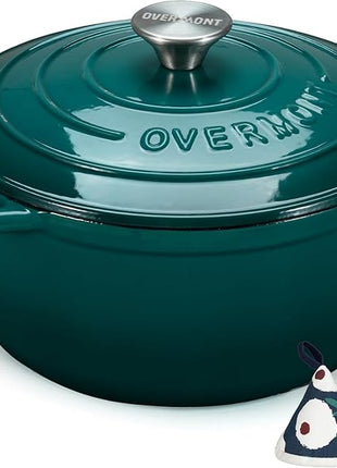 Overmont Enameled Cast Iron Dutch Oven - 5.5QT Pot with Lid Cookbook & Cotton Potholders - Heavy-Duty Cookware for Braising, Stews, Roasting, Bread Baking bottle green