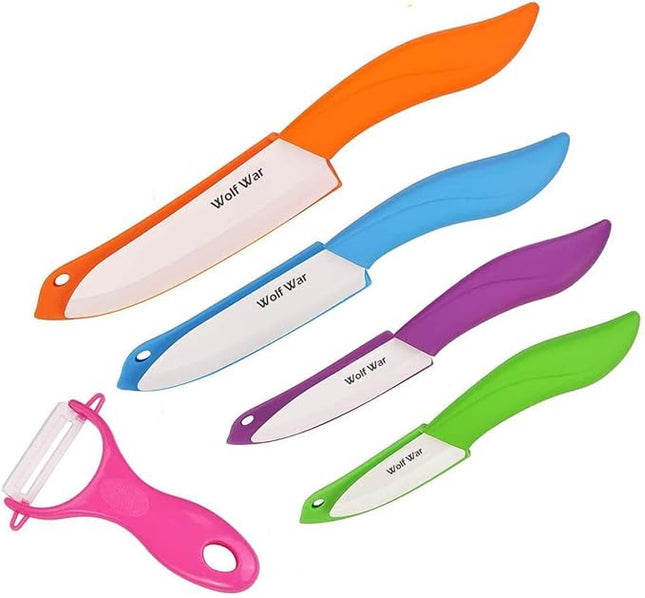 Ceramic Knife Set with Sheaths - Black 5 Piece Kitchen Set: 6" Chef, 5" Utility, 4" Fruit, 3" Paring Knife, One Peeler