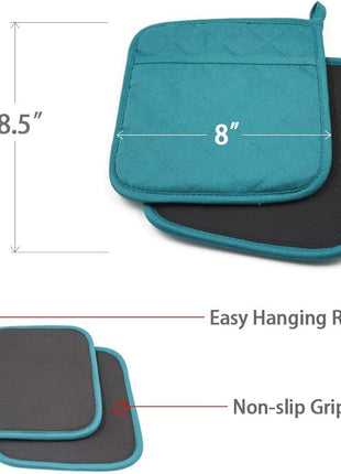 Cotton and Neoprene Oven Pads Pot Holders with Pocket 8"x8.5" Dual-Function Hot Pad Set for Finger Hand Wrist Protection Heat Resistant to 428°F Teal