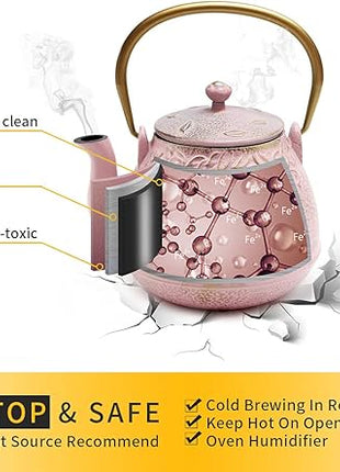 TOPTIER Japanese Cast Iron Teapot with Infuser, Stovetop Safe, Leaf Design Tea Kettle, Enameled Interior, 32 Ounce (950 ml), Blush Pink
