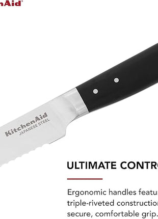 KitchenAid Gourmet Forged Triple Rivet Bread Knife with Custom-Fit Blade Cover, 5-inch, Sharp Kitchen Knife, High-Carbon Japanese Stainless Steel Blade, Black