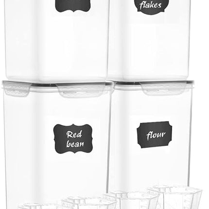 Extra Large 7qt / 6.5L/220oz Tall Food Storage Containers, WIDE & DEEP, 4-Piece Plastic Airtight Kitchen Pantry Storage Containers for Flour, Sugar, with 4 Measuring Cups,20 Labels