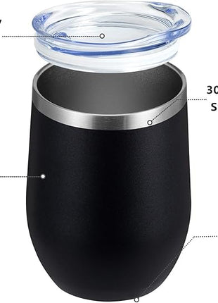 MEWAY 12oz/4 Pack Wine Tumbler Glasses with Lid - Stemless Double Wall Vacuum Stainless Steel Travel Tumbler - Keeping Cold & Hot for Wine,Coffee,Cocktails,Drinks-Family and Gifts (Black,Set of 4)