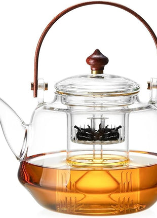 40oz Glass Teapot with Anti-Drip Spout, Peach Wood Handle and Lid, Heat-Resistant Borosilicate Glass, Dual Infusers for Steaming and Boiling