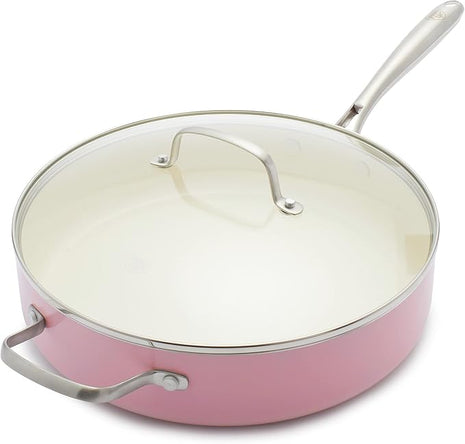 GreenLife Artisan Healthy Ceramic Nonstick, 5QT Saute Pan Jumbo Cooker with Helper Handle and Lid, Stainless Steel Handle, Induction, PFAS-Free, Dishwasher Safe, Oven Safe, Pink